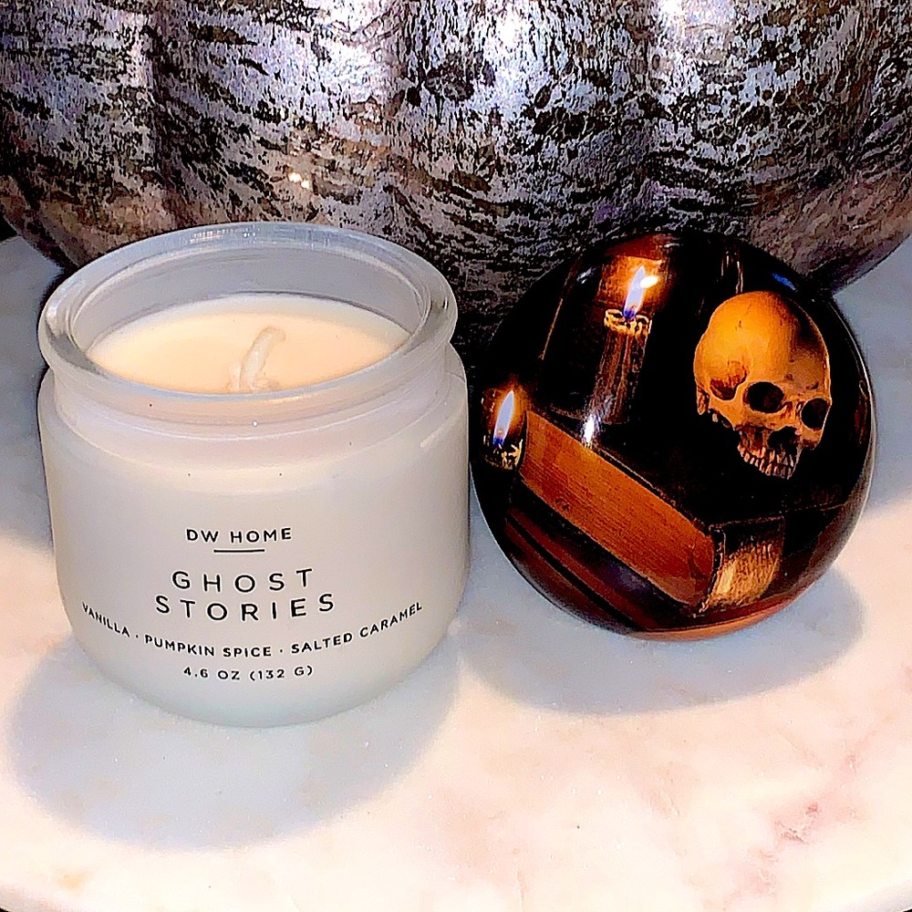 DW HOME CANDLE GHOST STORIES PUMPKIN CARMEL SKULL HEAD 1 WICK NEW 4.5 oz MINI